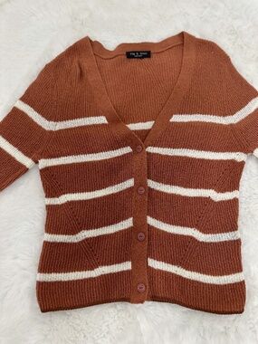 Rag & Bone Rust Brown Cream Striped Button Front Knit Cardigan Sweater